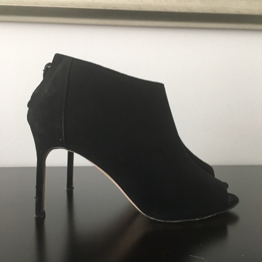 Black Suede Manolo Blahnik Peep-Toe Bootie